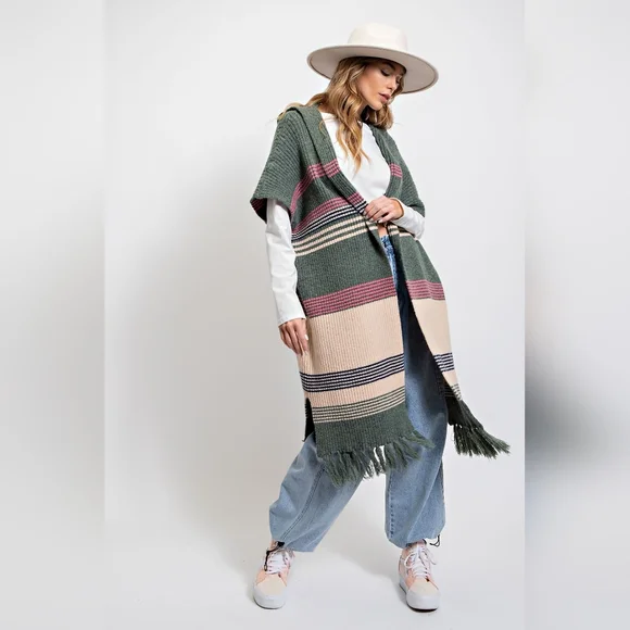 Easel Knit Sweater Kimono, open front, multicolor stripe with fringe, hood - Picture 3 of 5